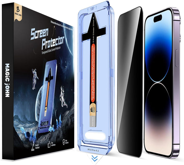 MAGIC JOHN iPhone 14 Pro Privacy Screen Protector 6.1" - 2 Pack, Tempered Glass, Bubble Free, Anti-Scratch, Case