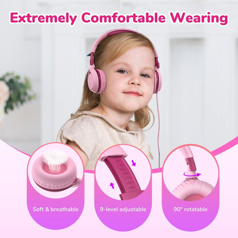 EarFun S1 Kids Headphones, Foldable Wired On-Ear Headphones with 85dB Volume Limit for School, Travel, Pink