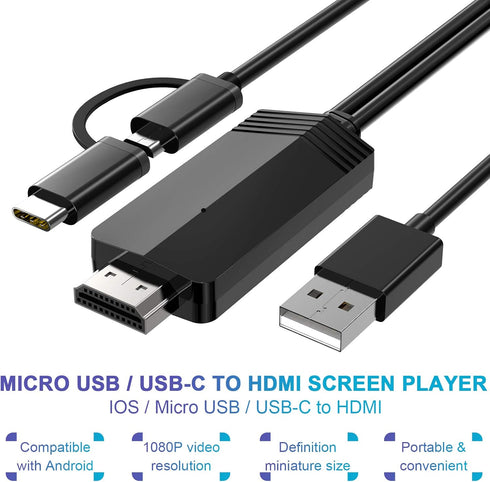 2-in-1 HDMI Cable for Android Phones & Tablets, 6.6ft MHL Adapter, 1080P HDTV Mirroring & Charging, USB Type C & Micro