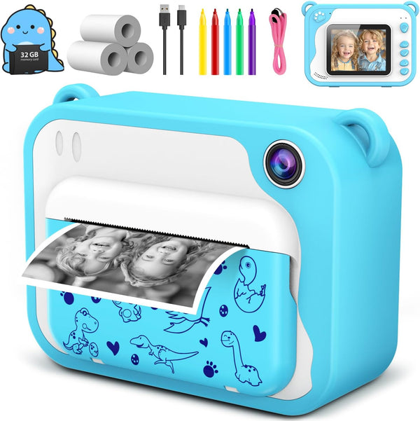 Instant Print Kids Camera, Ink Free Printing Dinosaur Camera for Ages 3-12, Christmas Gifts, Blue