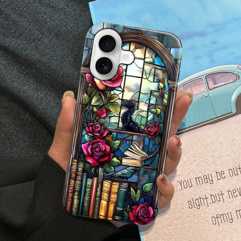 DAIZAG 17,Glossy Case Compatible with iPhone Durable Shock Protection Cover for Girl Women,Dinosaur Rose Bookshelf