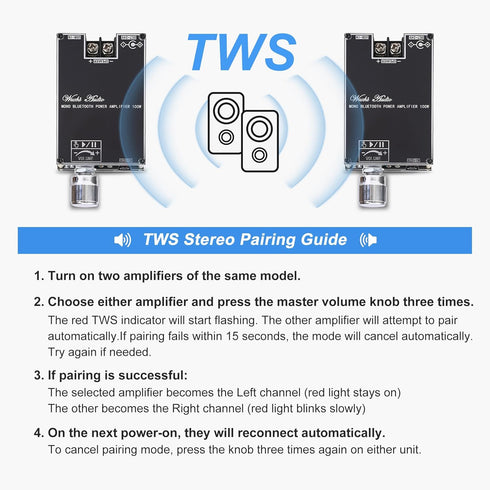 Wuzhi Audio 2PCS ZK-1001B TPA316D2 DC7-24V 100W, Mono Bluetooth Amplifier Board with Chip, Wide Voltage Input Peak