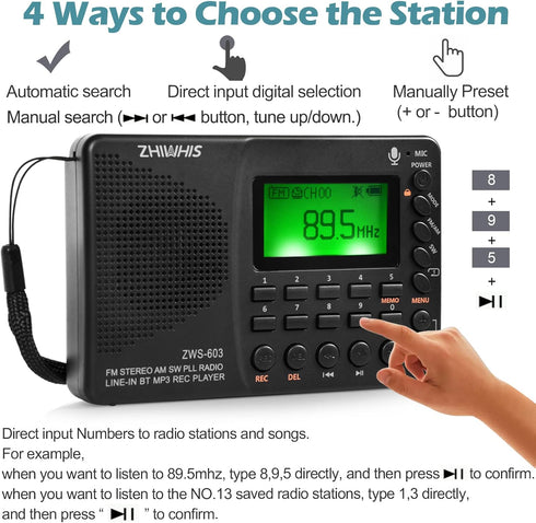 ZHIWHIS Portable Bluetooth Radio, FM AM Shortwave Radio with Sleep Timer, Rechargeable Digital Recorder, MP3 Player