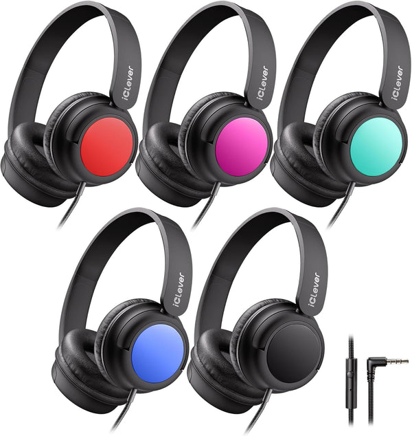 iClever Kids Wired Headphones with Mic, Durable, Tangle Free, Bulk 5 Pack for School Students