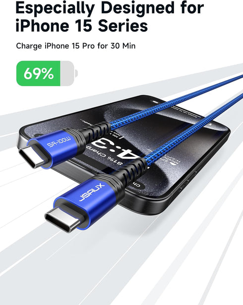 JSAUX 100W USB C to USB C Cable (2-Pack 10FT+10FT), 5A PD Fast Charging Cord for iPhone 15, MacBook Pro, Samsung