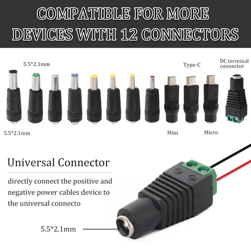 USB to DC Power Charging Cable with 12pcs DC Barrel Jack Universal Laptop Power Adapter Tips, USB 2.0 to DC