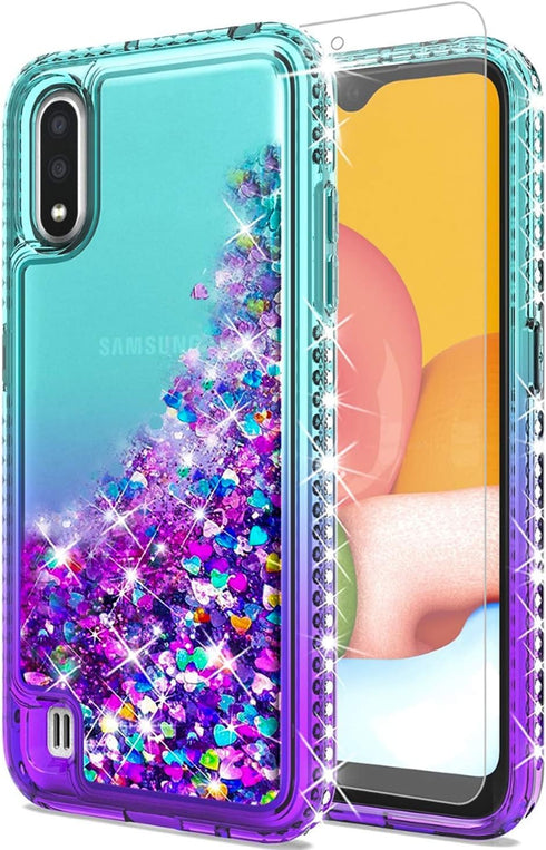 STARSHOP Compatible with Samsung Galaxy A01 Phone Case, Liquid Floating Glitter Quicksand Bling Cover with Tempered