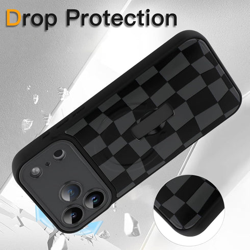 SOKAD 17 Magnetic Checkered Case for iPhone Pro Max with Finger Strap Kickstand, Compatible with Magsafe, Cute