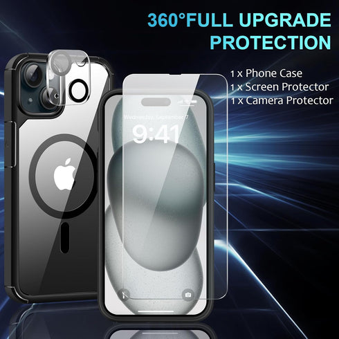 iPhone 15 Plus Magnetic Case (Black) with Screen Protector & Camera Lens Protector, Compatible with MagSafe,