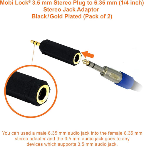 Mobi Lock 3.5mm Plug to 6.35mm Socket Adapter (Pack of 2), Connects 3.5mm Devices to 6.35mm Amplifiers & Speakers