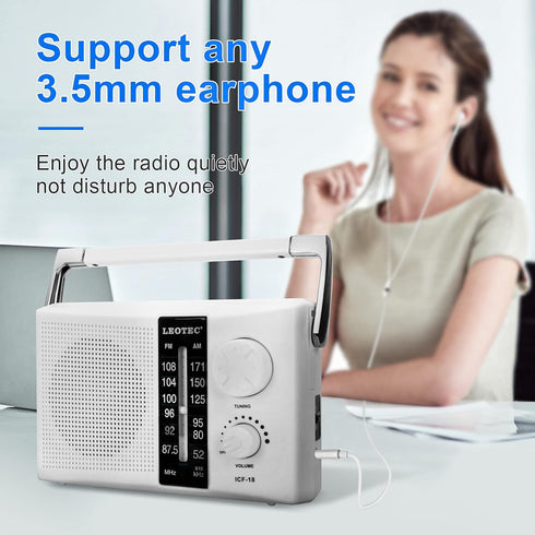 LEOTEC AM FM Radio Transistor Radio, Battery or AC Powered, Excellent Reception, Large Speakers, White