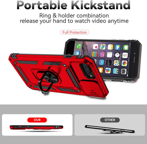SunStory iPhone 8/7/6 Plus Case with HD Screen Protector, Slide Camera Cover & Kickstand, Military-Grade, Red