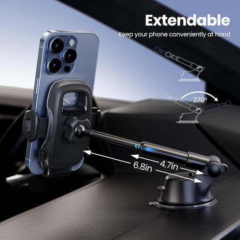 Car Phone Holder for Dashboard & Windshield, 360° Adjustable Suction Cup Holder for 4.8-7" Smartphones, Bumpy Roads