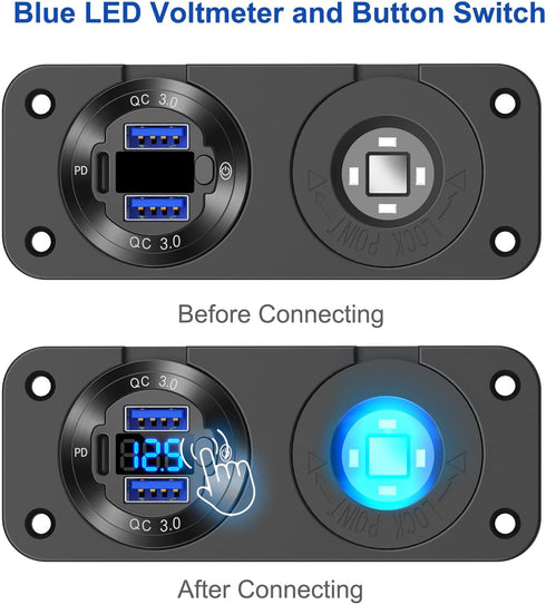 12V USB Outlet Marine Switch Panel Plug, PD3.0 Dual QC3.0 USB Ports Aluminum Car Charger with LED Voltmeter Power Switch