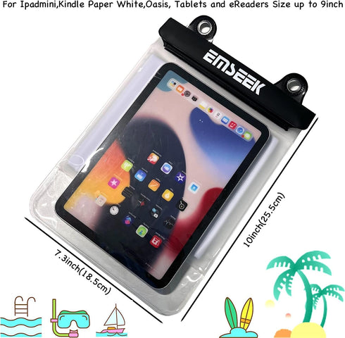 Floating Waterproof Tablet Case, Dry Bag eReader Cover for iPad Mini, Galaxy Tab, and Kindle up to 9"