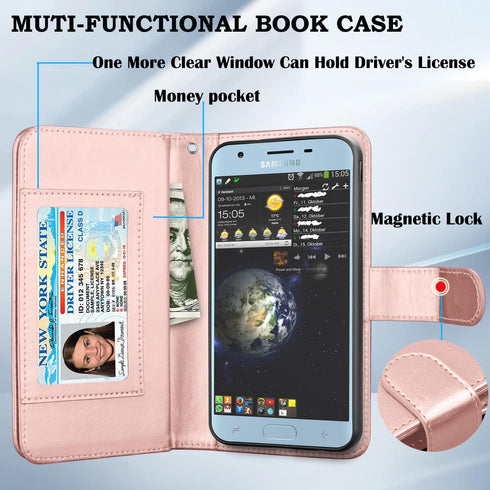 Takfox Galaxy J3 2018 Leather Wallet Case, Flip Folio with 9 Card Holder and Detachable Strap in Rose Gold