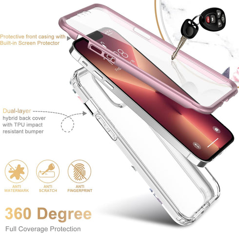 Esdot for iPhone 13 Pro Max Case with Built-in Screen Protector, Military Grade Cover, Pink Flowers Leaves