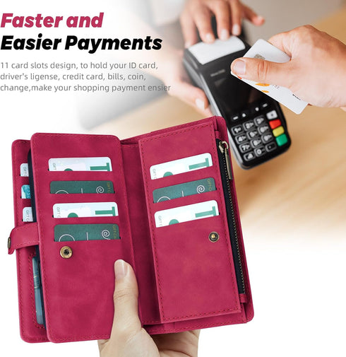TwoHead 11 for iPhone Wallet Case with Card Holder & Detachable Magnetic Phone Case, PU Leather Wallet with Wrist Strap