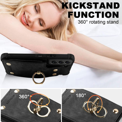 Compatible Galaxy S22 Wallet Case with Credit Card Holder, Shockproof Phone Cover with 360° Rotation Ring Stand