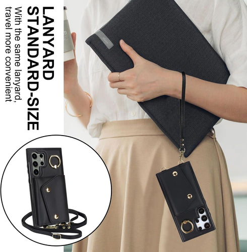 for Samsung Galaxy S24 Ultra Phone Case for Women, Crossbody Wallet Case with Credit Card Holder, Shockproof Black