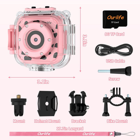 Ourlife Waterproof Kids Camera, 1080P HD Digital Action Camera with 8GB SD Card, Birthday Gift for Girls 3-14