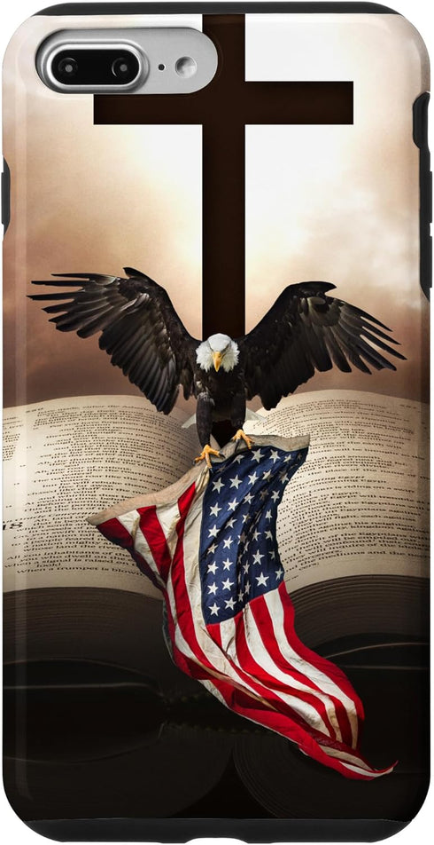 iPhone 7 Plus/8 Plus Grip Case, Pretty Christian Cross Bible with Bald Eagle and American Flag