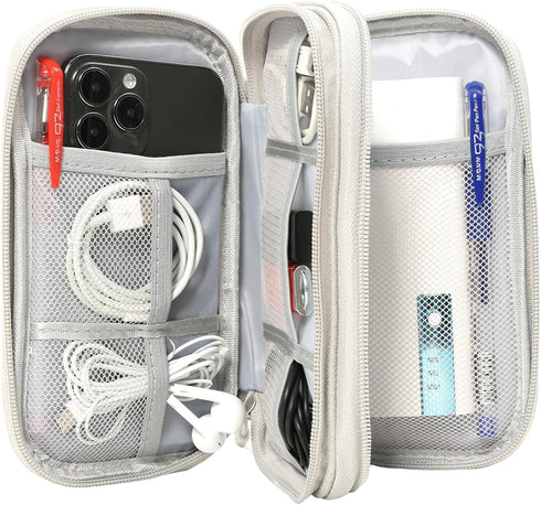 Travel Organizer Pouch - Portable Waterproof Double Layers Storage Bag for Electronic Accessories, Light Grey, Large