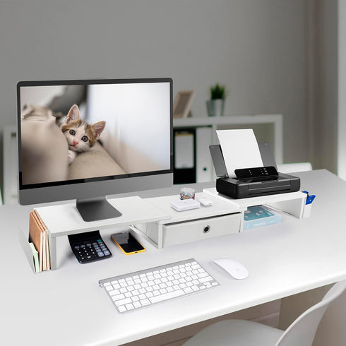 Dual Monitor Stand Riser with Drawer & Metal Leg, Large White Computer Monitor Riser with Storage for 2 Monitors