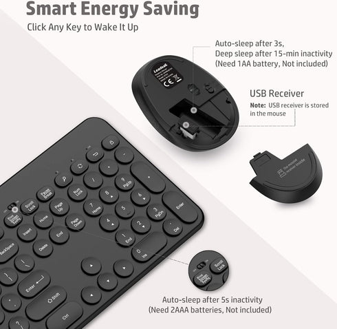 LeadsaiL Wireless Keyboard and Mouse Combo, Full-Sized Computer Keyboard Set with Phone Holder for Windows Laptop
