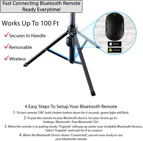 Fugetek 51" Professional Selfie Stick Tripod, Lightweight Aluminum Stick & Legs, Detachable Bluetooth Remote, Black