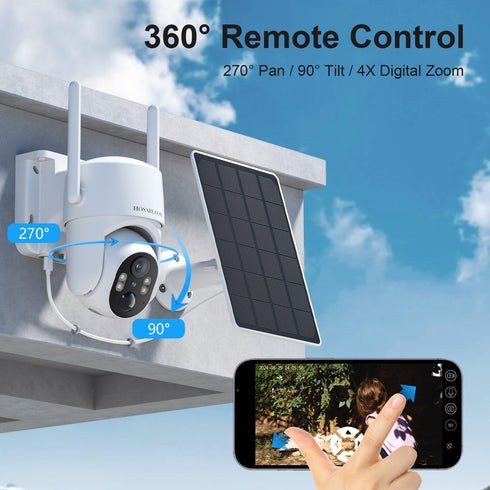 Wireless Outdoor Solar Security Cameras, 360° PTZ Remote Home Security, 2K 3MP with Spotlight Color Night Vision