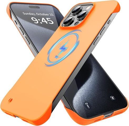 iPhone 15 Pro Max Magnetic Slim Case 6.7" (2023) - Ultra-Thin, Durable, Matte Hard MagSafe Cover with Pull Ring, Orange.