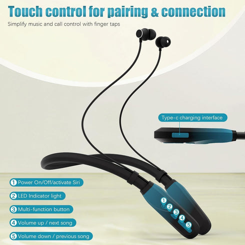 Neckband Bluetooth Headphones, 200H Extra Long Playtime Wireless Stereo Earbuds with Microphone, Waterproof for Sports