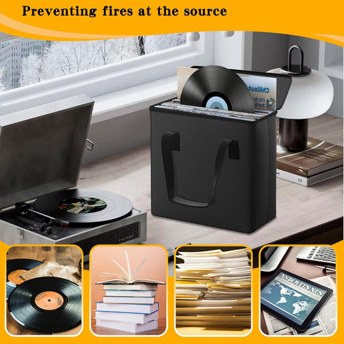 Fireproof Vinyl Record Storage Box, Water Resistant Organizer, Collapsible Carrying Case with Lid, Holds 30 Albums,