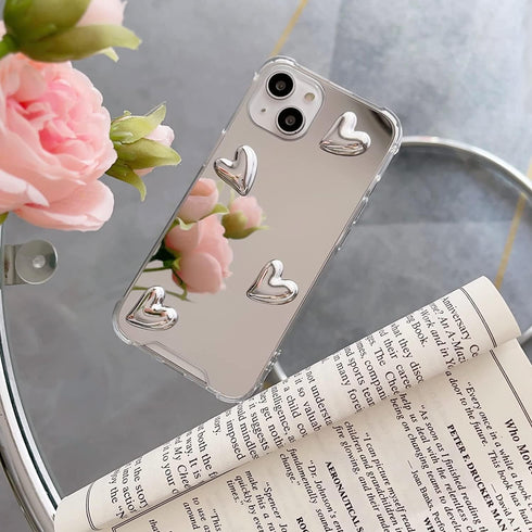 Mirror Senior Silver Cute Heart Soft Silicone Clear Makeup Mirror Case for iPhone 15 Pro Max, Shockproof Protect Cover