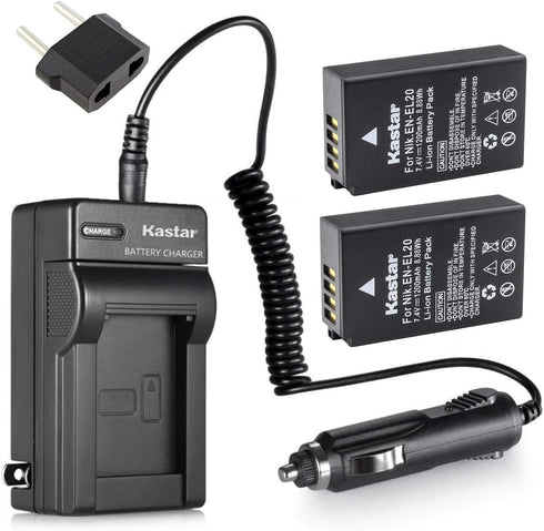 Kastar Battery 2-Pack + Charger for Nikon EN-EL20, EN-EL20a, MH-27, MH-29, Coolpix P950, P1000, A, 1 AW1, 1 J1, 1 J2, 1