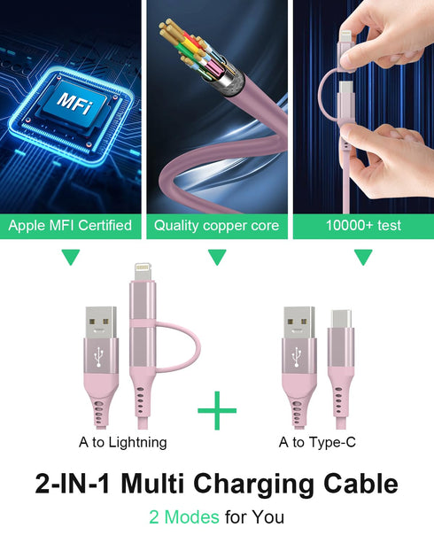 Pink Retractable Car Charger Coiled Lightning Cable, 2 in 1 for Apple Carplay & Android Auto