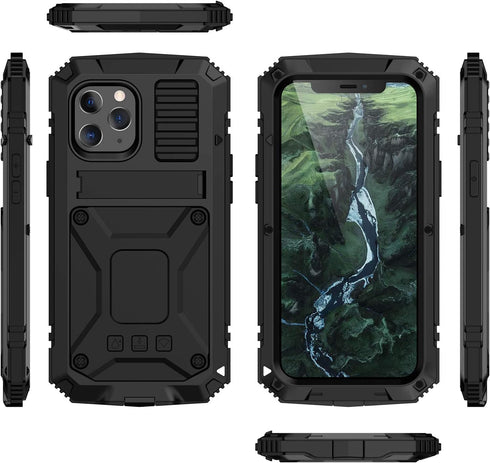 iPhone 12 Pro Max Metal Case with Kickstand, Built-in Screen Protector, Heavy Duty Shockproof, Black