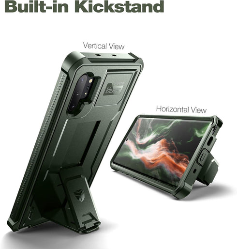 Dexnor Heavy Duty Case for Samsung Galaxy Note 10+ Plus, Army Green, with Built-in Screen Protector & Kickstand.