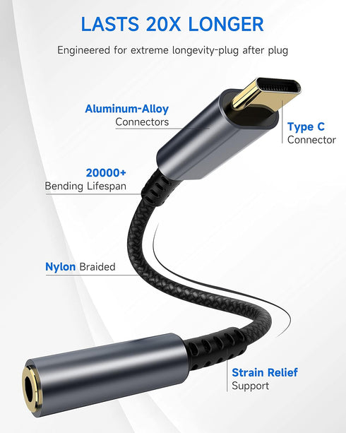 USB Type C to 3.5mm Female Headphone Jack Adapter, 2-Pack USB C to Aux Audio Dongle for iPhone and Galaxy