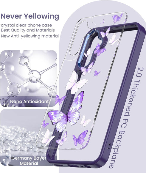 Shop Samsung A15 5G Case with Tempered Glass Protector, Military Grade Slim TPU & Hard PC, Purple Butterfly Design.
