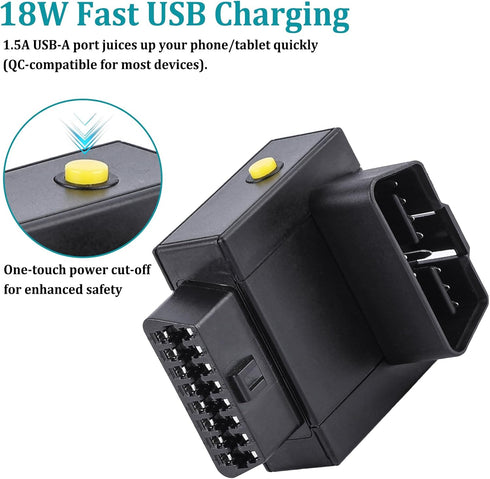 AUTANCTOR OBD2 1-to-2 1-Press 18W 16-Pin Splitter Adapter with Power Cut Switch & USB Fast Charging Car OBD Port