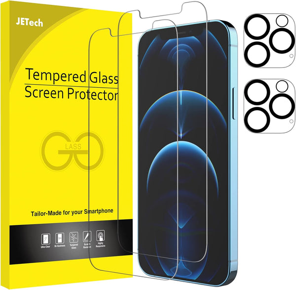 JETech 2-Pack Tempered Glass Screen Protector for iPhone 12 Pro 6.1" with Camera Lens Protector.