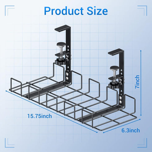 LUXEAR Under Desk Cable Management Tray 2Pack, Adjustable Removable Docking Station Wires Holder Rack, No Drill C-Clamp