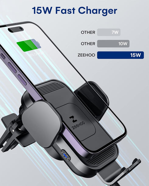 ZEEHOO Wireless Car Charger, 15W Fast Charging Auto Clamping Phone Mount for iPhone 15, 14, 13, 12, 11 Pro Max