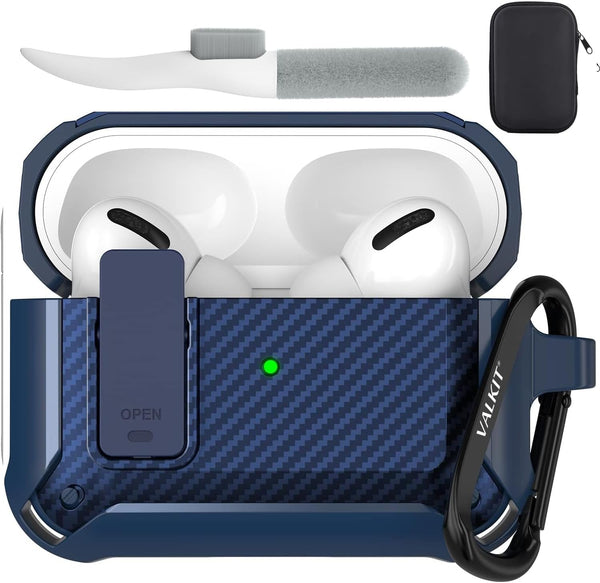 Valkit Airpods Pro Case with Lock Clip - Carbon Fiber Texture Cover with Keychain for Men Women, Shockproof Protective