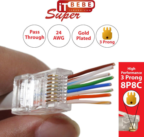 ITBEBE 100-Pack High Performance RJ45 Cat6 Pass Through Connectors for 24 AWG Ethernet Cable