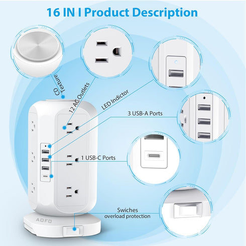 AOFO 12 4 USB(1 10Ft Tower Power Strip Flat Plug with Outlets USB C), Surge Protector Charging Station with Overload