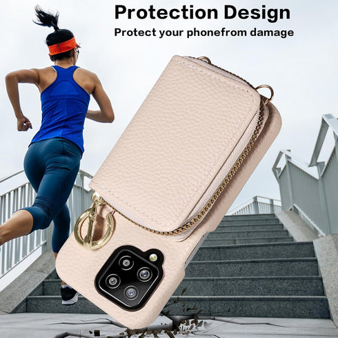 Furiet Wallet Case for Samsung Galaxy A12/M12, Shoulder Strap Ring Buckle, Luxury PU Leather Zipper Flip Organ Purse