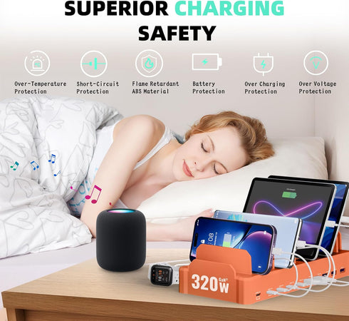 zobirez 320W 10-Port Charging Station for Multiple Devices, USB C Fast Charger Stations for MacBook, iPhone, Android